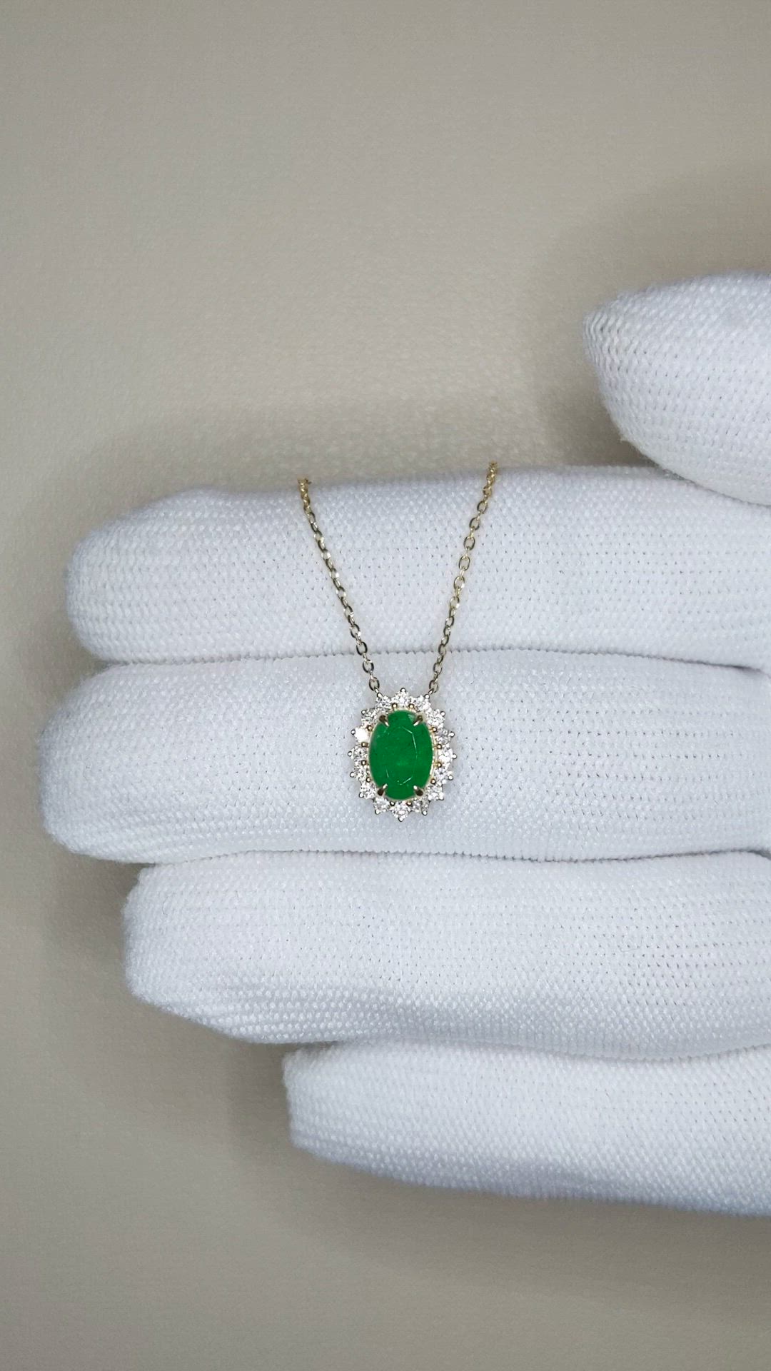 0.98 Ct. Emerald and Natural Diamond Pave Necklace, 14K Yellow Gold Size Video
