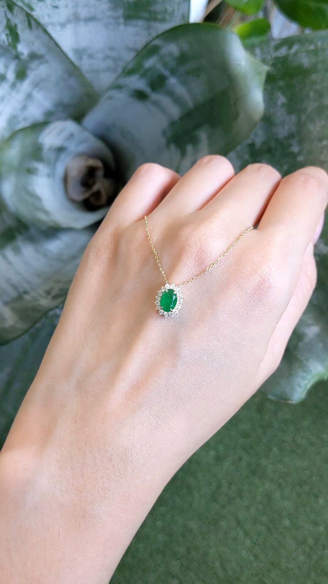 0.98 Ct. Emerald and Natural Diamond Pave Necklace, 14K Yellow Gold Size Video