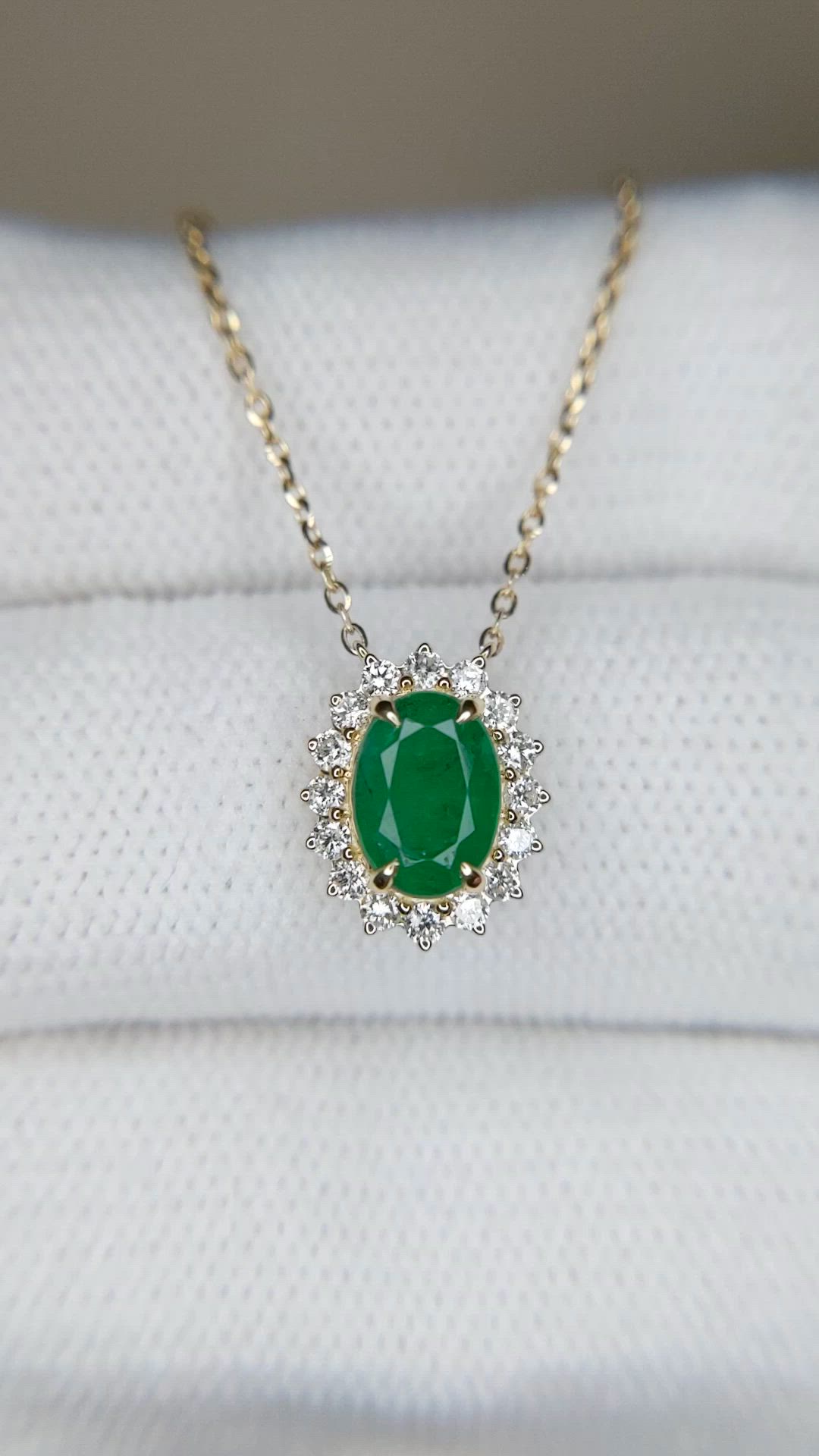 0.98 Ct. Emerald and Natural Diamond Pave Necklace, 14K Yellow Gold Size Video