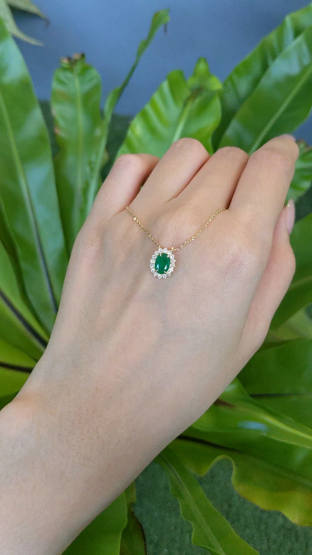 0.98 Ct. Emerald and Natural Diamond Pave Necklace, 14K Yellow Gold Size Video