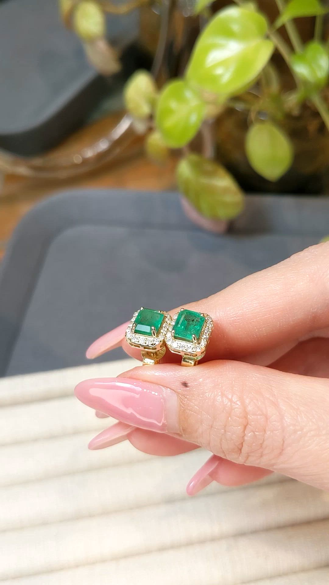 1.75 Ct.Tw.Total Carat Weight Emerald and Natural Diamond Studs Earrings, 18K Yellow Gold Size Video