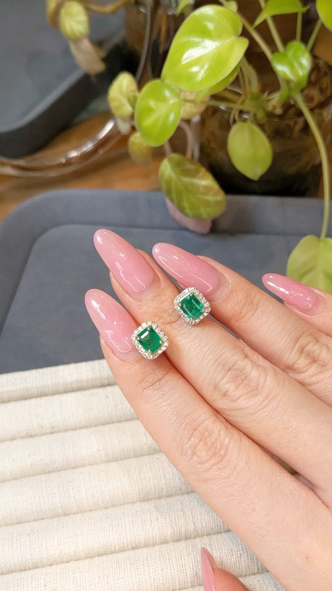 1.75 Ct.Tw.Total Carat Weight Emerald and Natural Diamond Studs Earrings, 18K Yellow Gold Size Video