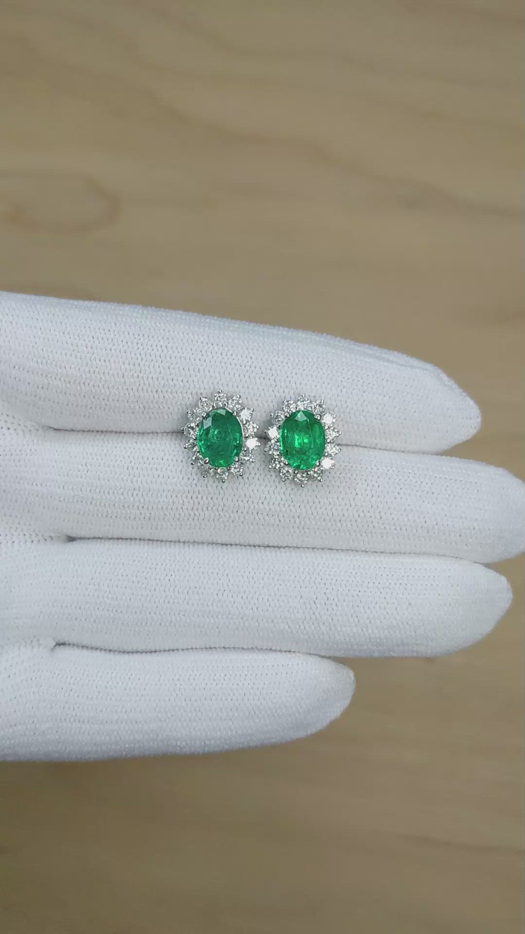 2.69 Ct.Tw.Total Carat Weight Emerald and Natural Diamond Studs Earrings, 14K White Gold Size Video