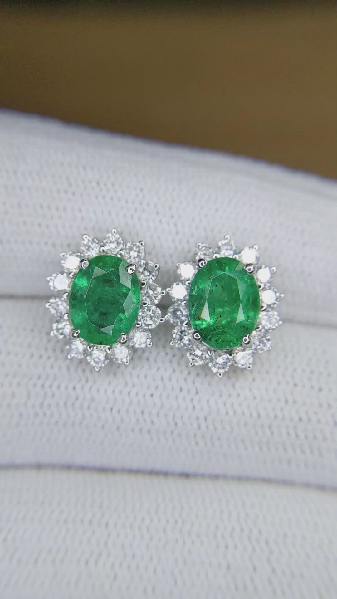 2.69 Ct.Tw.Total Carat Weight Emerald and Natural Diamond Studs Earrings, 14K White Gold Size Video