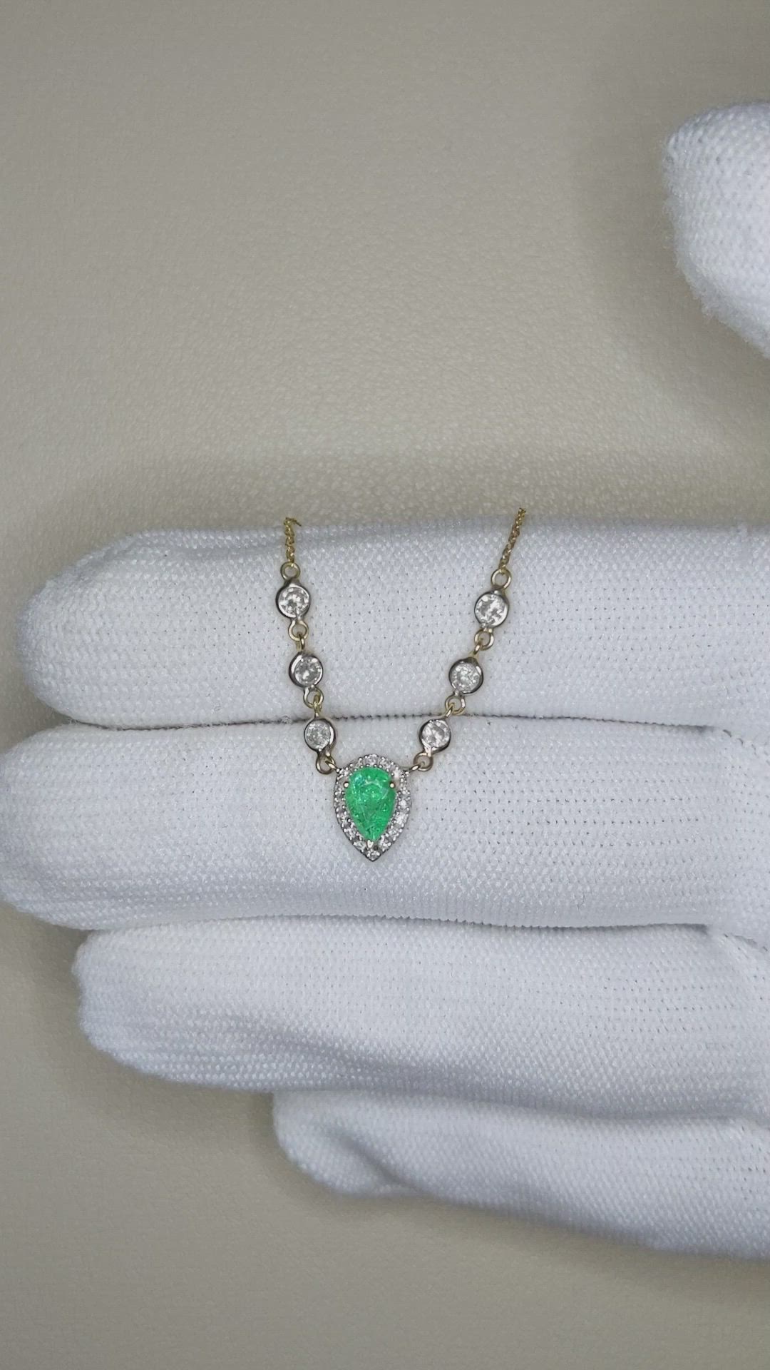 0.41 Ct. Emerald and Natural Diamond Pave Necklace, 14K Yellow Gold Size Video