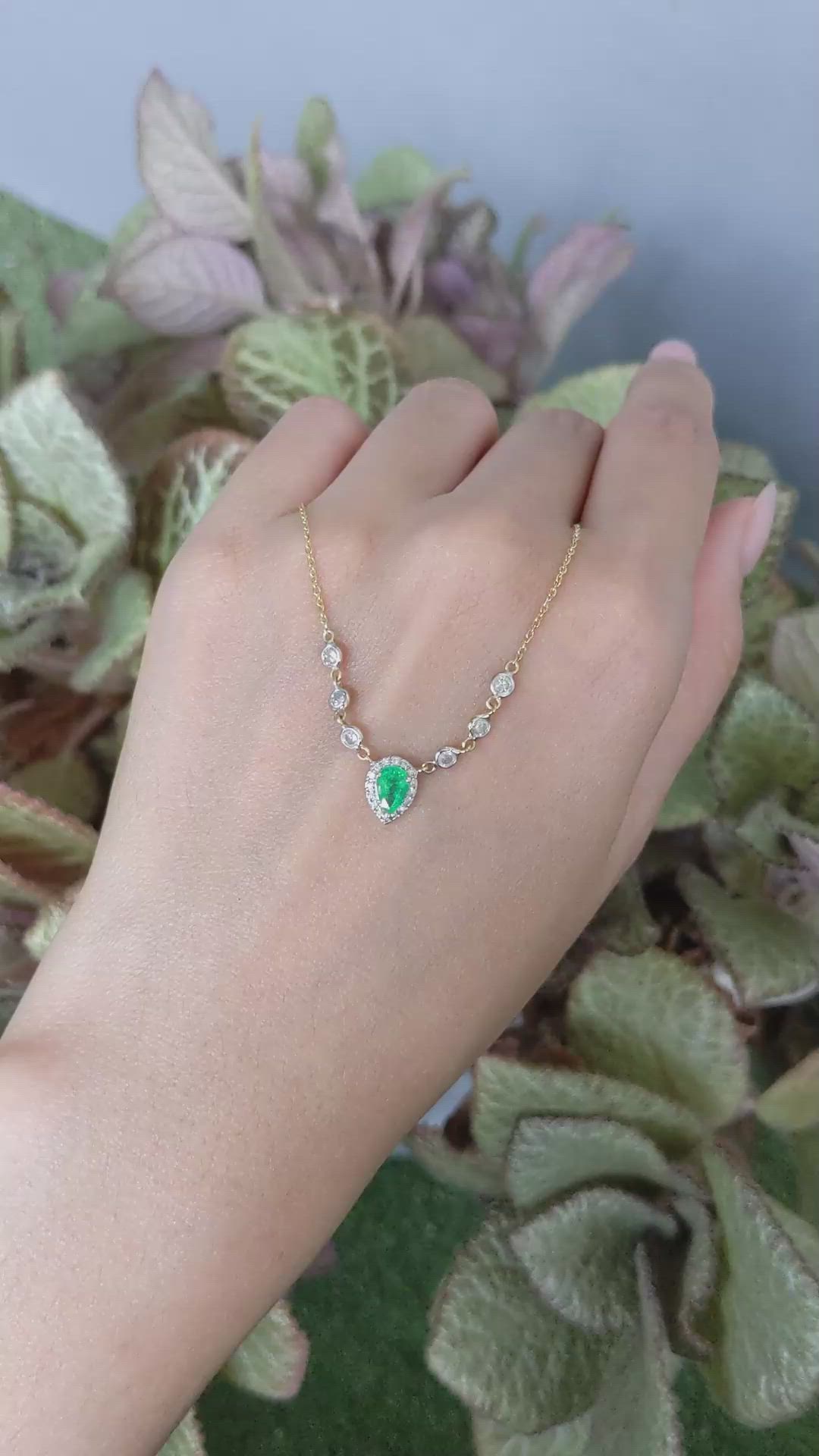 0.41 Ct. Emerald and Natural Diamond Pave Necklace, 14K Yellow Gold Size Video