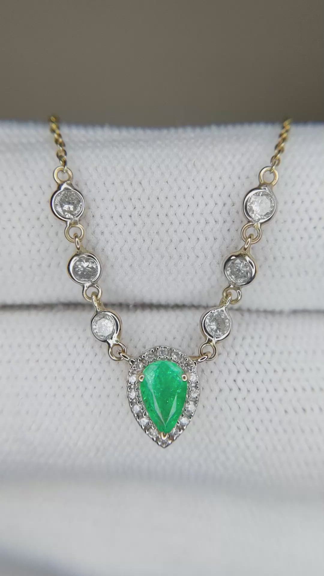 0.41 Ct. Emerald and Natural Diamond Pave Necklace, 14K Yellow Gold Size Video
