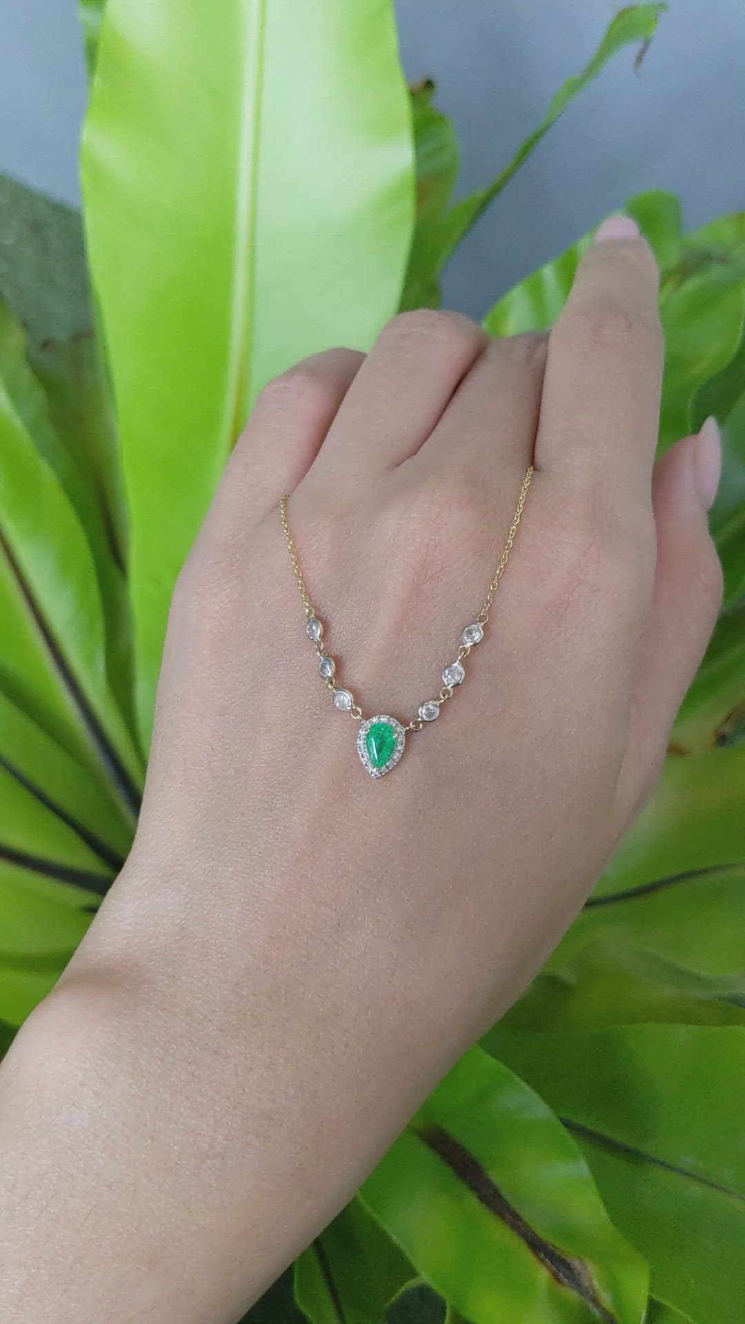 0.41 Ct. Emerald and Natural Diamond Pave Necklace, 14K Yellow Gold Size Video