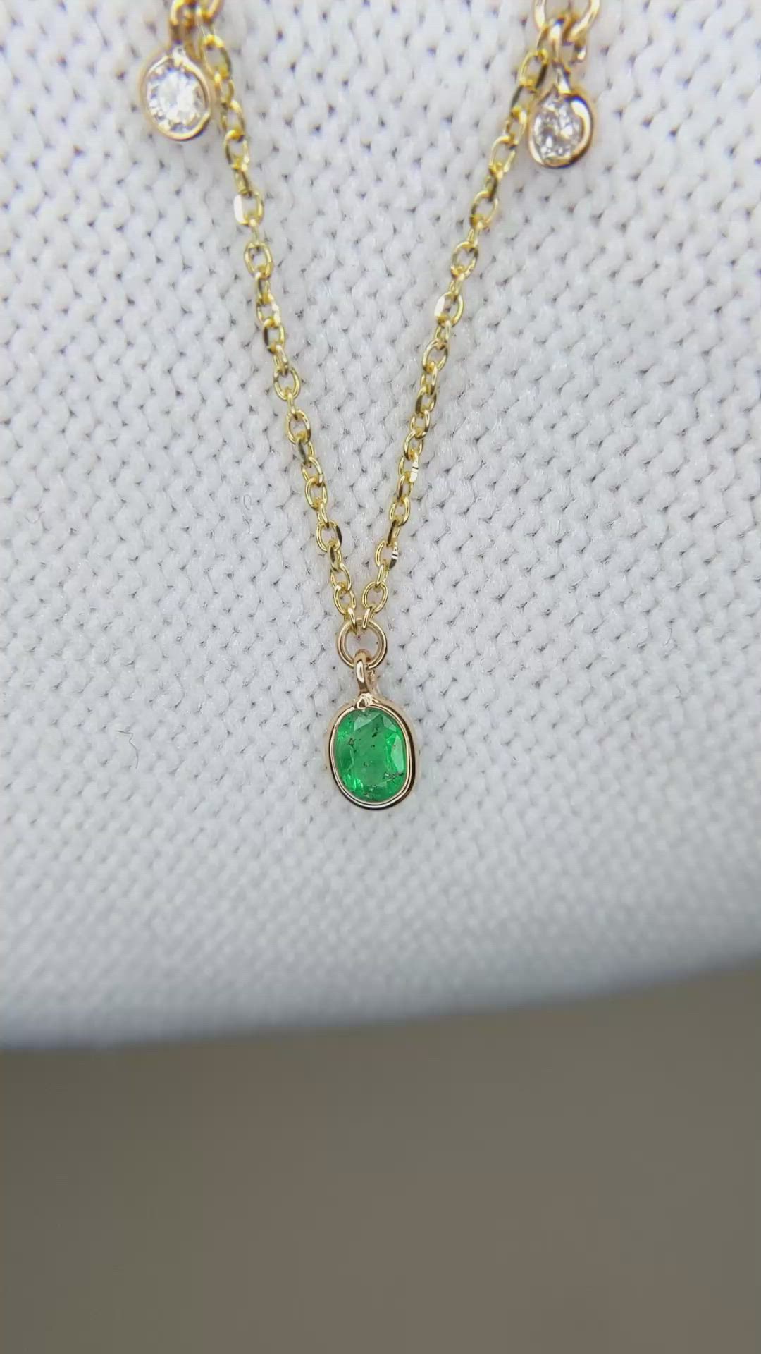 0.92 Ct. Emerald and Natural Diamond Bezel Necklace, 14K Yellow Gold Size Video