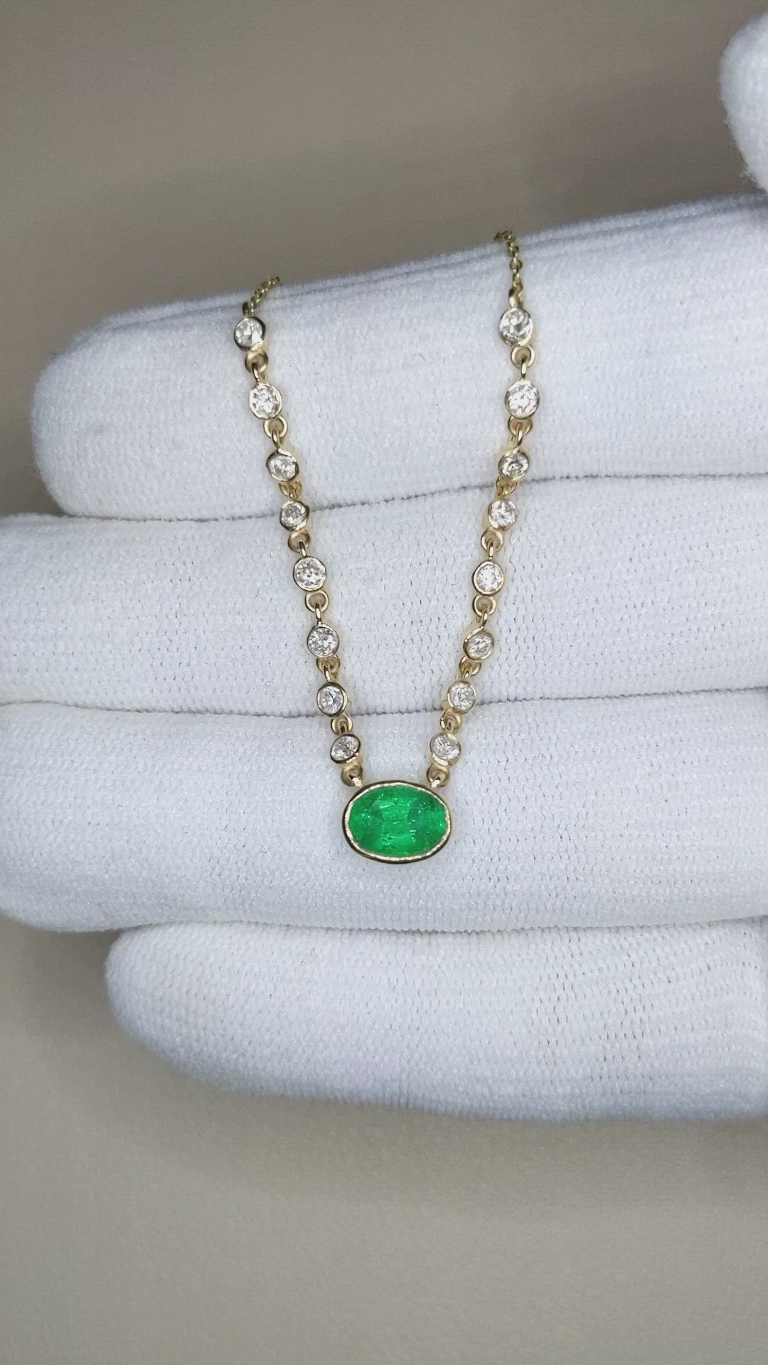 0.80 Ct. Emerald and Natural Diamond Bezel Necklace, 14K Yellow Gold Size Video