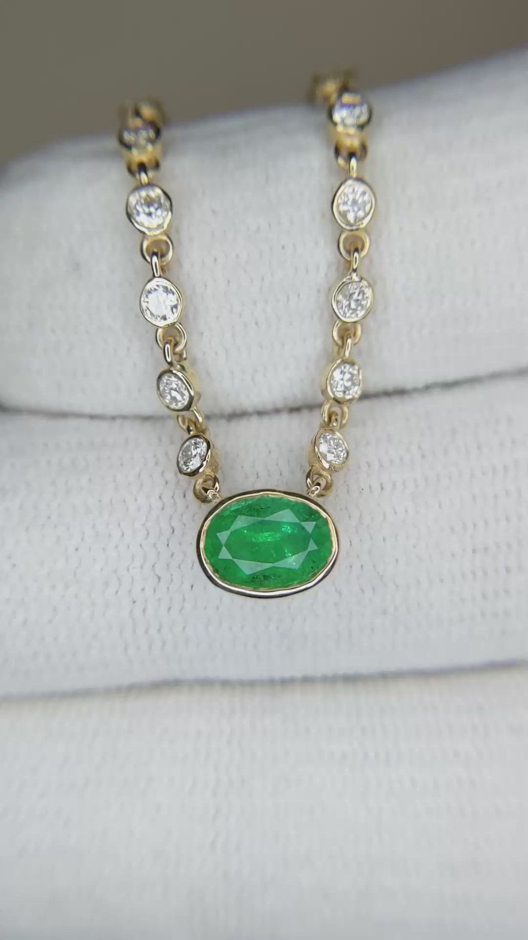 0.80 Ct. Emerald and Natural Diamond Bezel Necklace, 14K Yellow Gold Size Video
