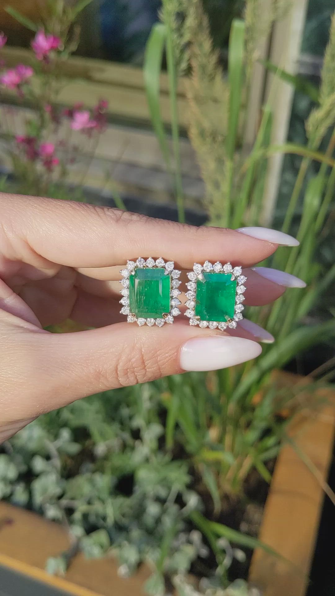 15.60 Ct.Tw.Total Carat Weight Emerald and Natural Diamond Studs Earrings, 14K Yellow Gold Size Video