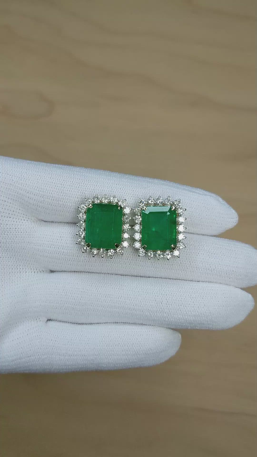 15.60 Ct.Tw.Total Carat Weight Emerald and Natural Diamond Studs Earrings, 14K Yellow Gold Size Video
