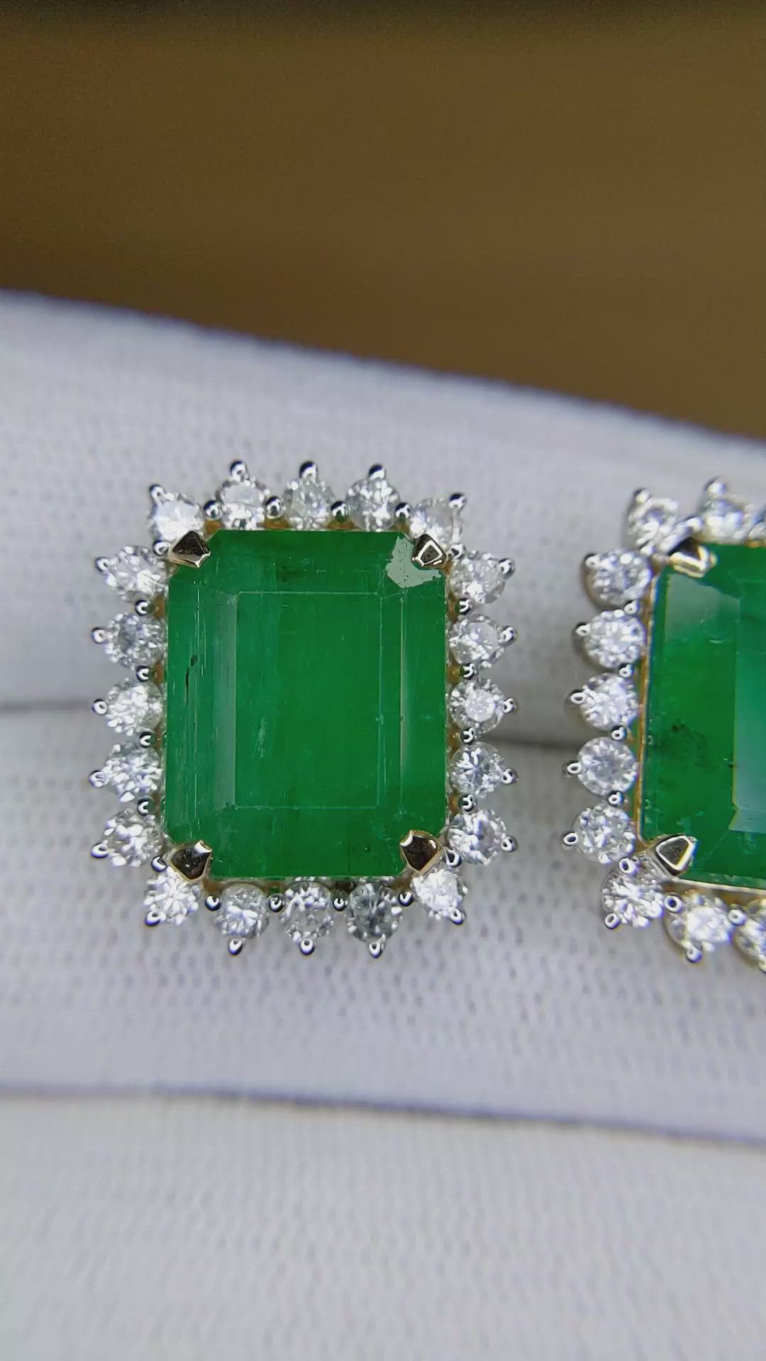 15.60 Ct.Tw.Total Carat Weight Emerald and Natural Diamond Studs Earrings, 14K Yellow Gold Size Video