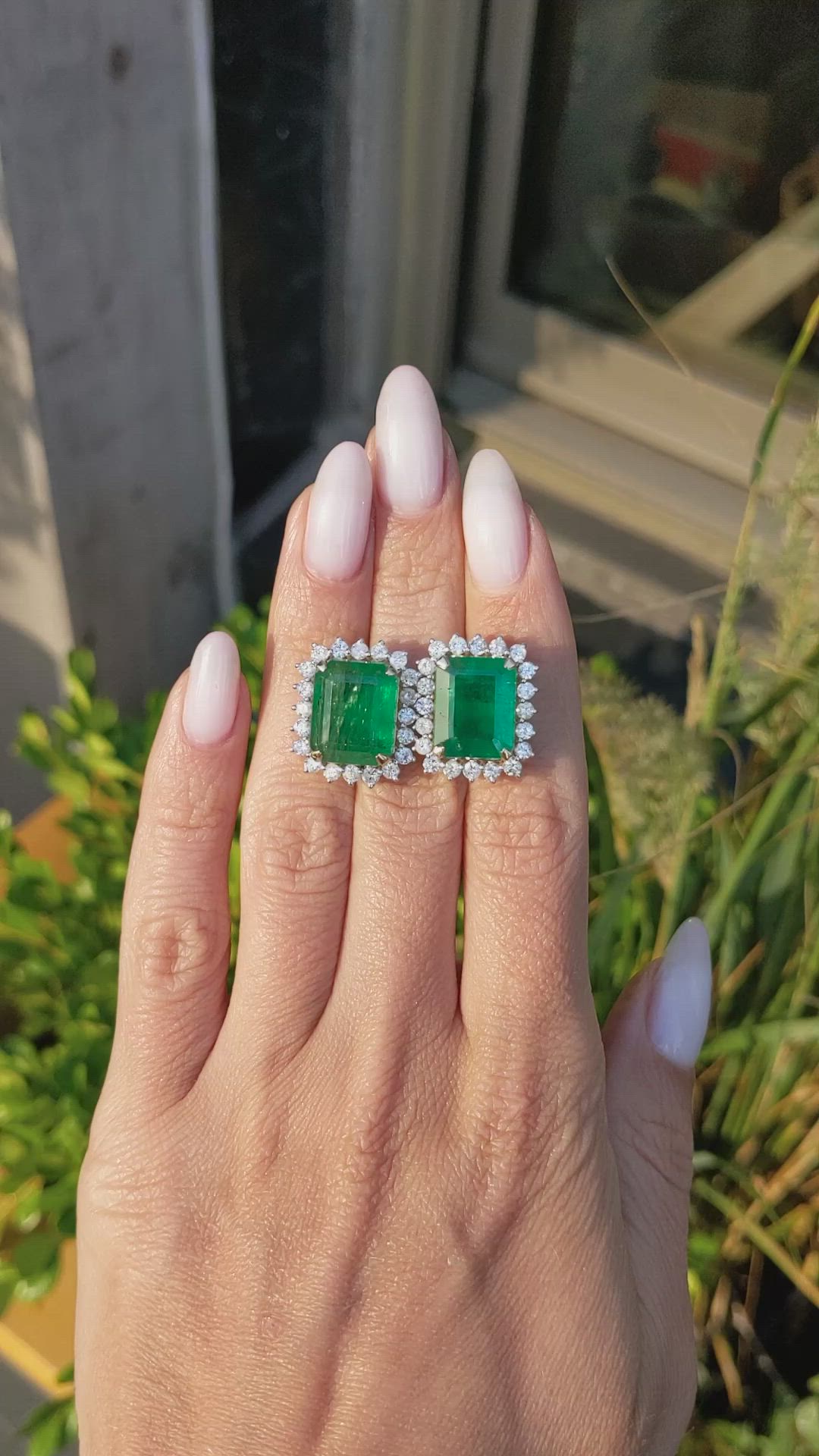 15.60 Ct.Tw.Total Carat Weight Emerald and Natural Diamond Studs Earrings, 14K Yellow Gold Size Video
