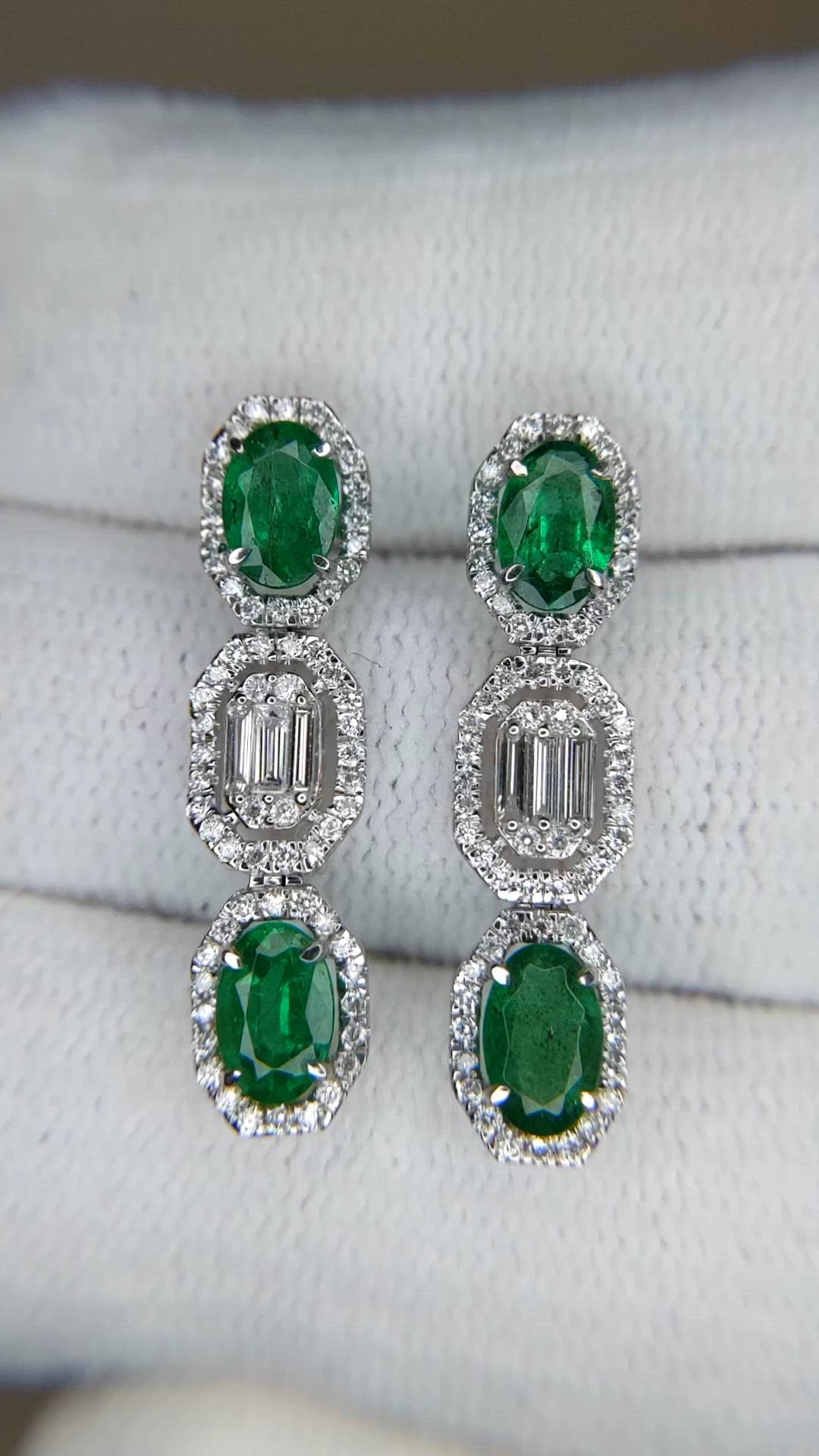 1.66 Ct.Tw.Total Carat Weight Emerald and Natural Diamond Pave Earrings, 14K White Gold Size Video