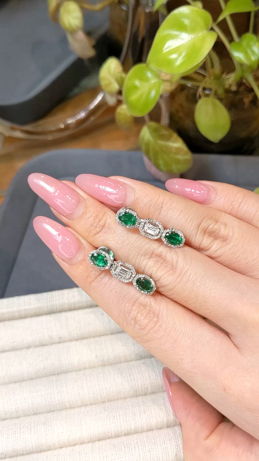 1.66 Ct.Tw.Total Carat Weight Emerald and Natural Diamond Pave Earrings, 14K White Gold Size Video