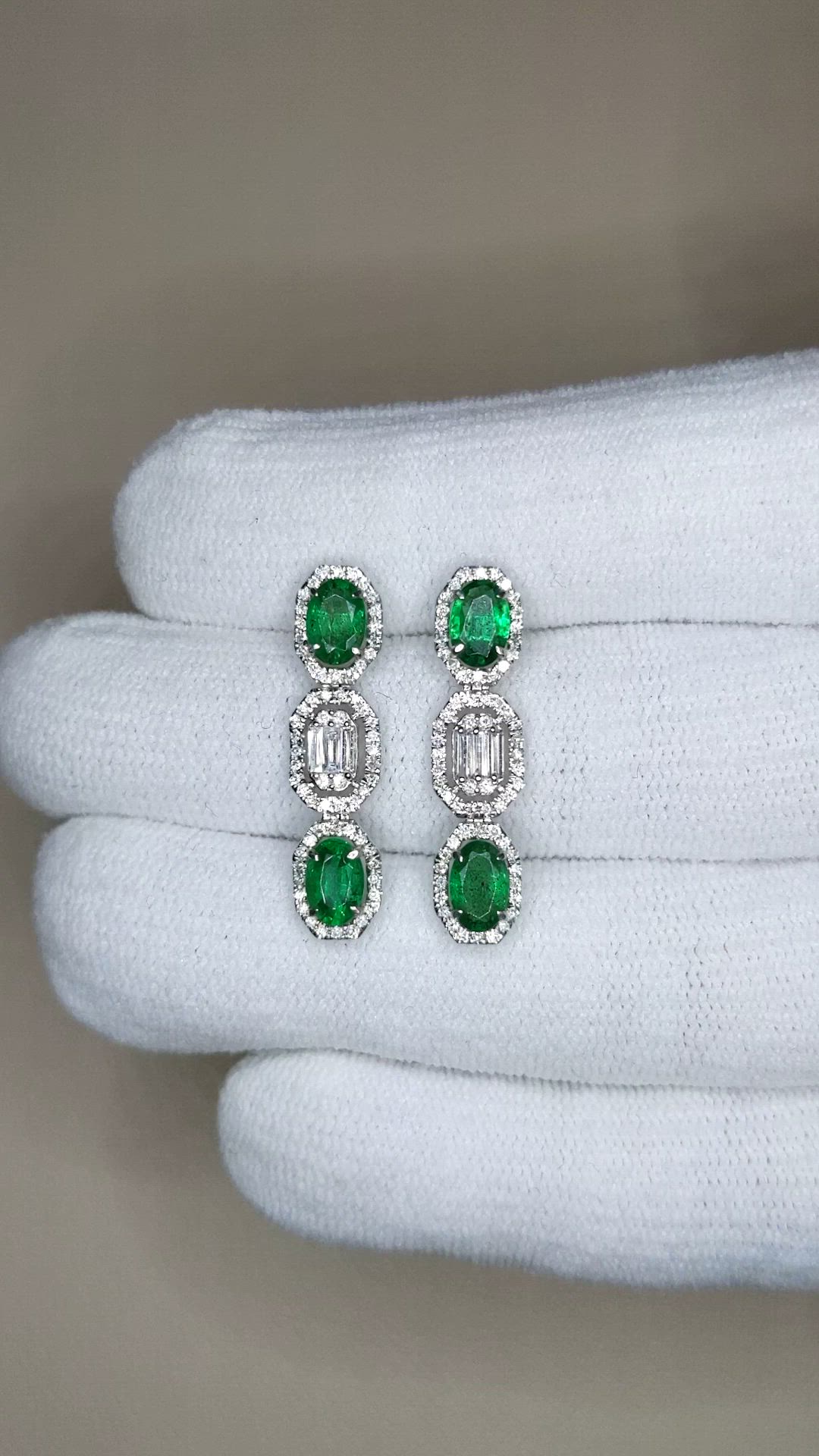 1.66 Ct.Tw.Total Carat Weight Emerald and Natural Diamond Pave Earrings, 14K White Gold Size Video