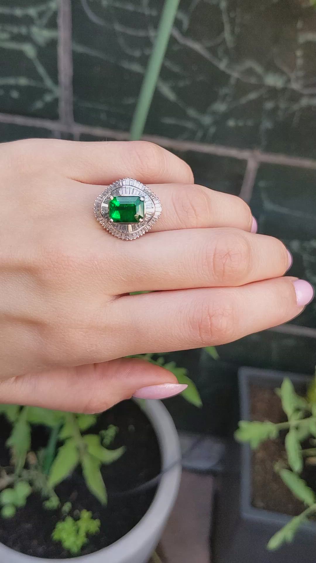 3.43 Ct. Emerald and Natural Diamond Accent Stones Ring, Platinum 950 Size Video