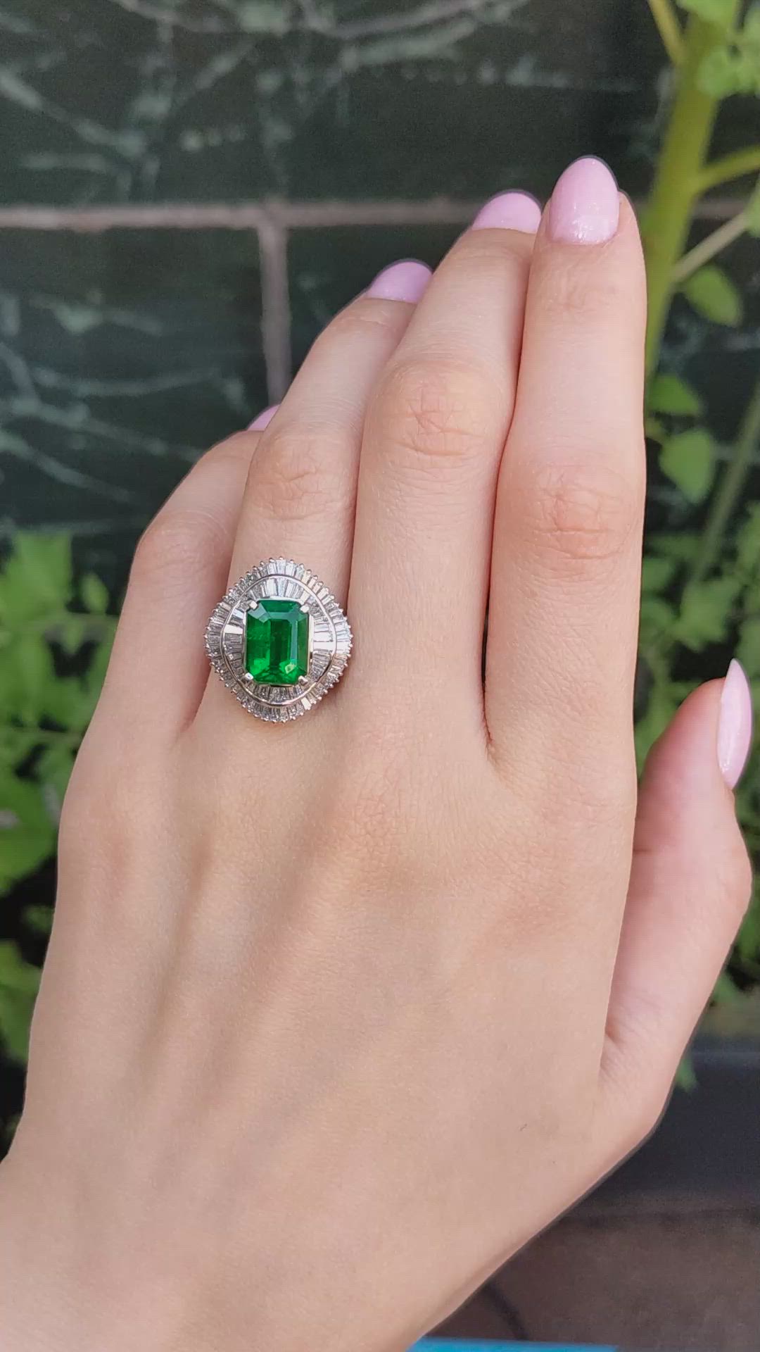 3.43 Ct. Emerald and Natural Diamond Accent Stones Ring, Platinum 950 Size Video