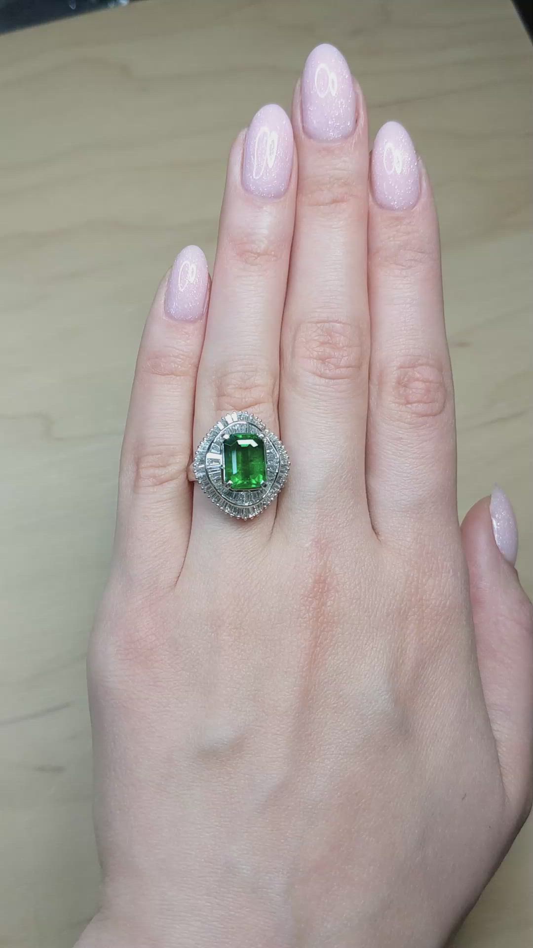 3.43 Ct. Emerald and Natural Diamond Accent Stones Ring, Platinum 950 Size Video