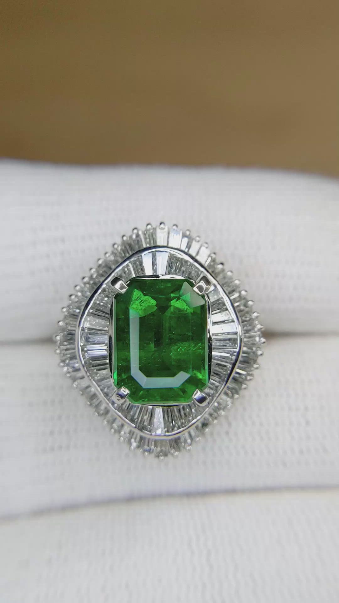 3.43 Ct. Emerald and Natural Diamond Accent Stones Ring, Platinum 950 Size Video
