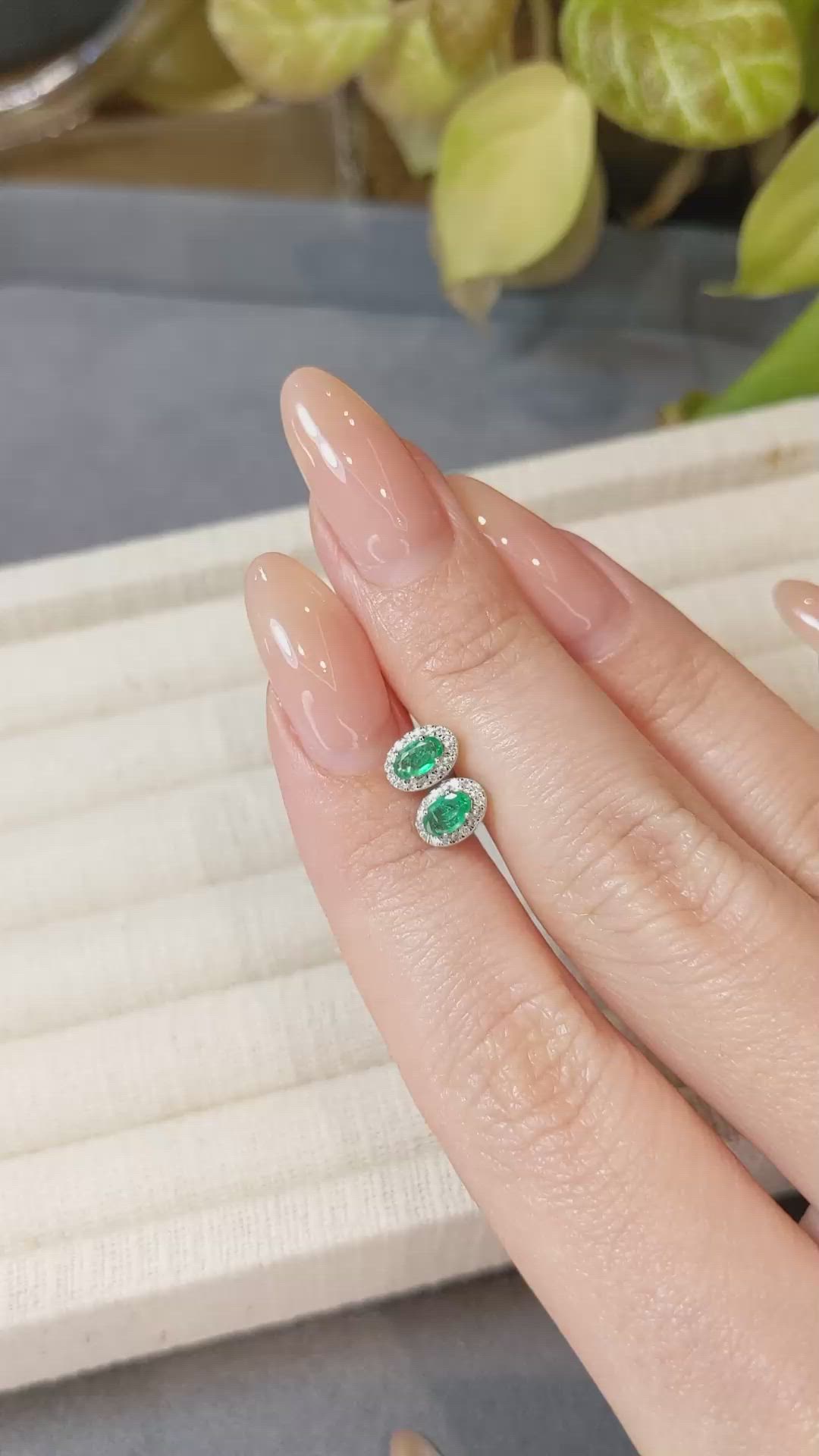 0.40 Ct.Tw.Total Carat Weight Emerald and Natural Diamond Studs Earrings, 14K White Gold Size Video