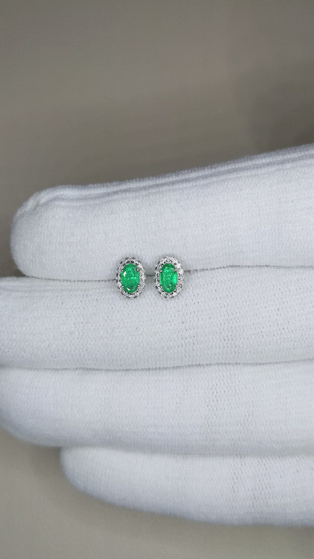0.40 Ct.Tw.Total Carat Weight Emerald and Natural Diamond Studs Earrings, 14K White Gold Size Video