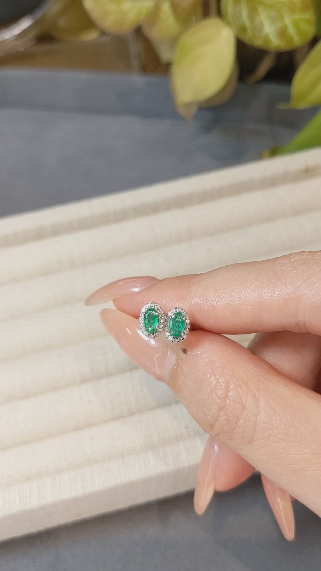 0.40 Ct.Tw.Total Carat Weight Emerald and Natural Diamond Studs Earrings, 14K White Gold Size Video