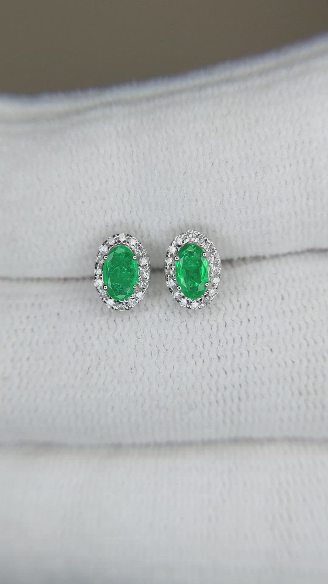 0.40 Ct.Tw.Total Carat Weight Emerald and Natural Diamond Studs Earrings, 14K White Gold Size Video