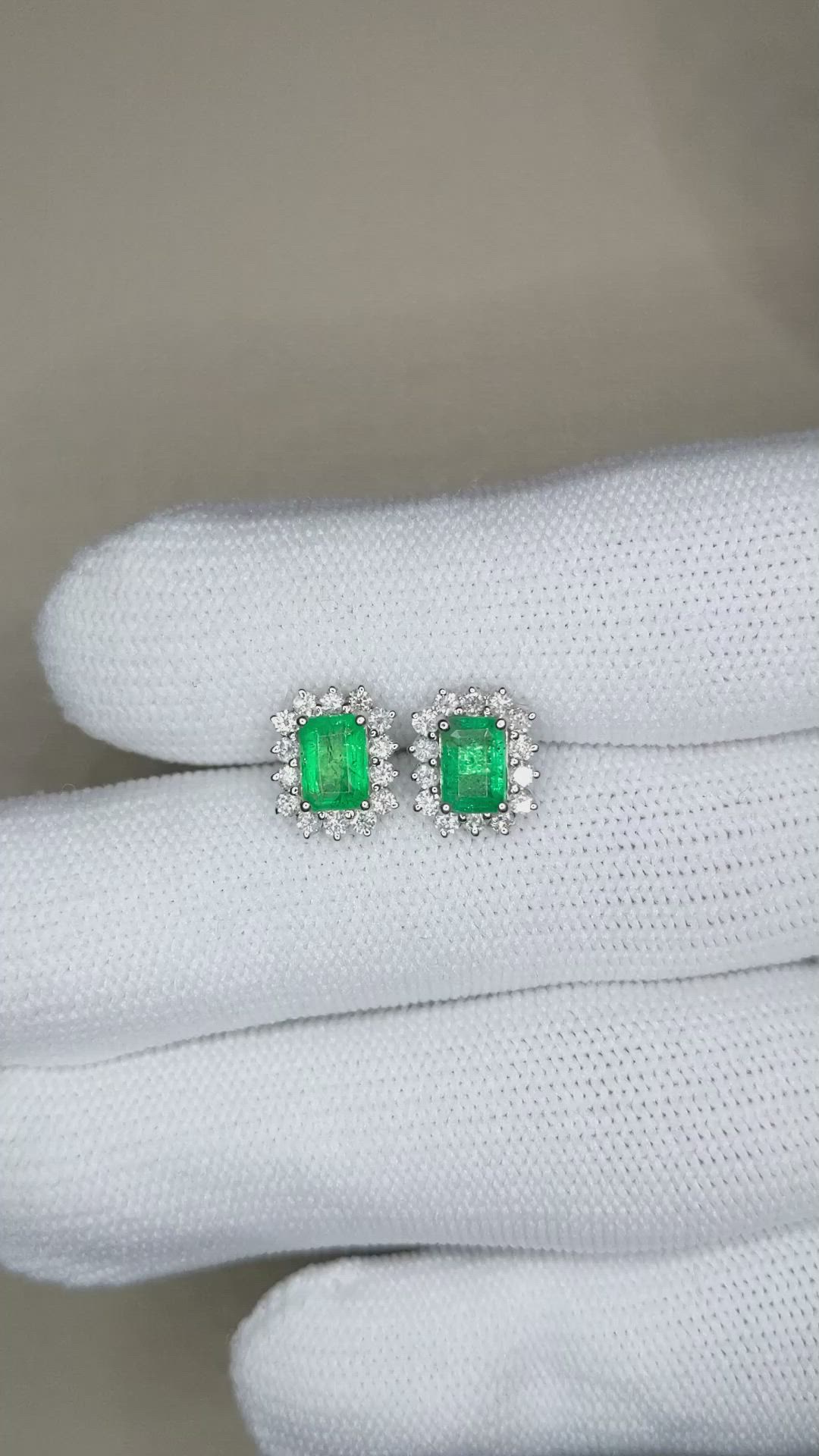 1.21 Ct.Tw.Total Carat Weight Emerald and Natural Diamond Studs Earrings, 14K White Gold Size Video