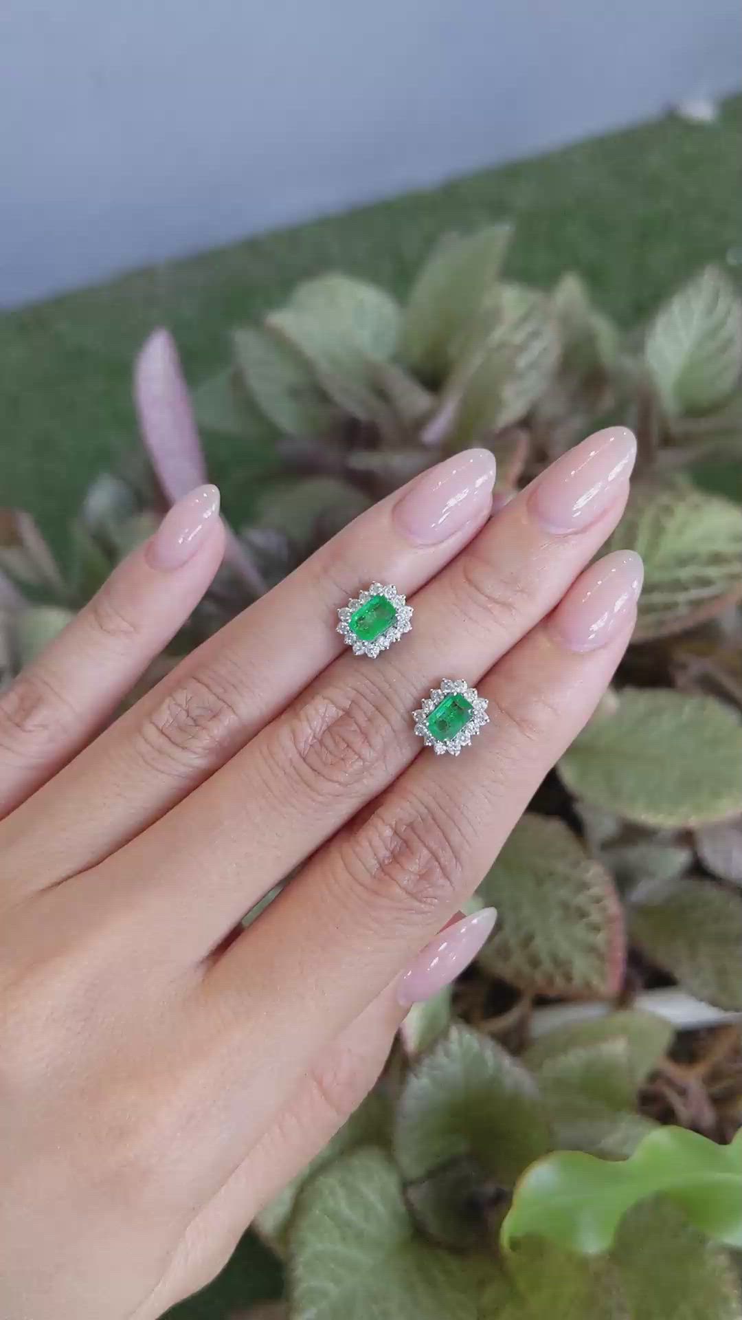 1.21 Ct.Tw.Total Carat Weight Emerald and Natural Diamond Studs Earrings, 14K White Gold Size Video