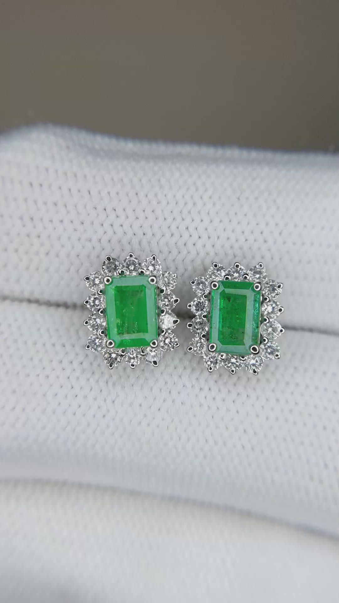 1.21 Ct.Tw.Total Carat Weight Emerald and Natural Diamond Studs Earrings, 14K White Gold Size Video