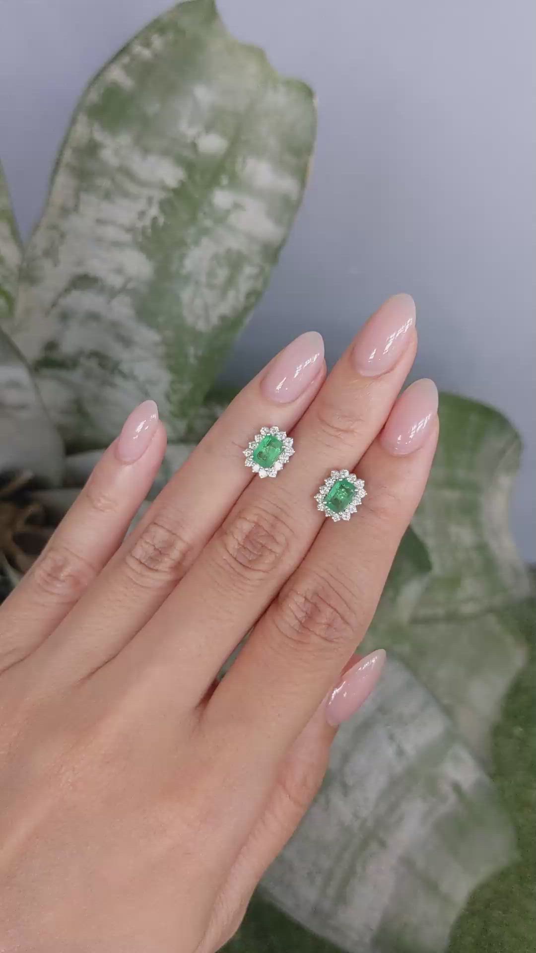 1.21 Ct.Tw.Total Carat Weight Emerald and Natural Diamond Studs Earrings, 14K White Gold Size Video
