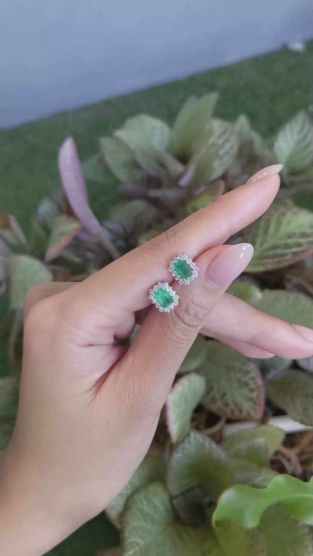 1.21 Ct.Tw.Total Carat Weight Emerald and Natural Diamond Studs Earrings, 14K White Gold Size Video