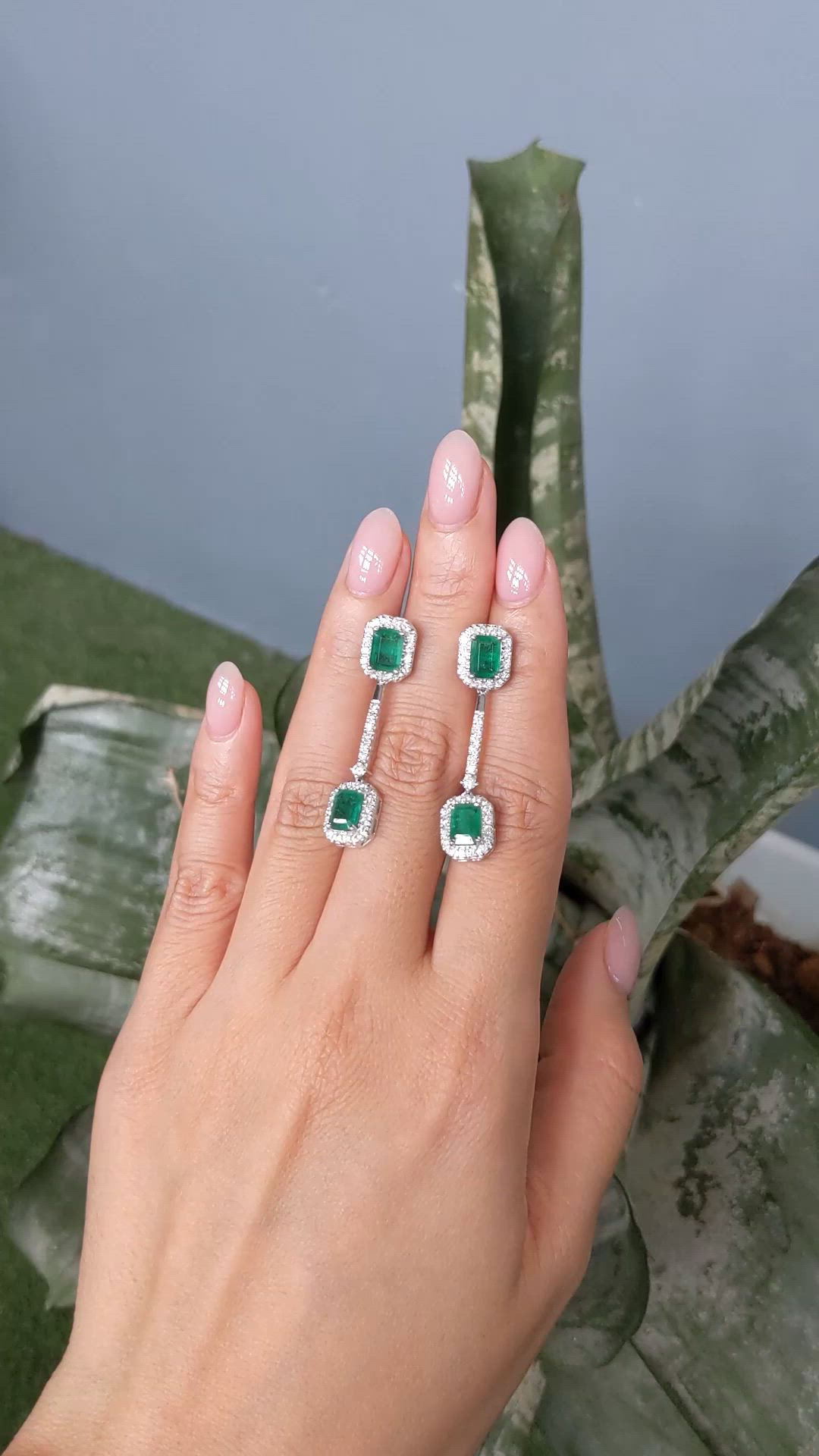 3.68&nbsp;Ct.Tw.Total Carat Weight Emerald and Natural Diamond Pave Earrings, 14K White Gold Size Video