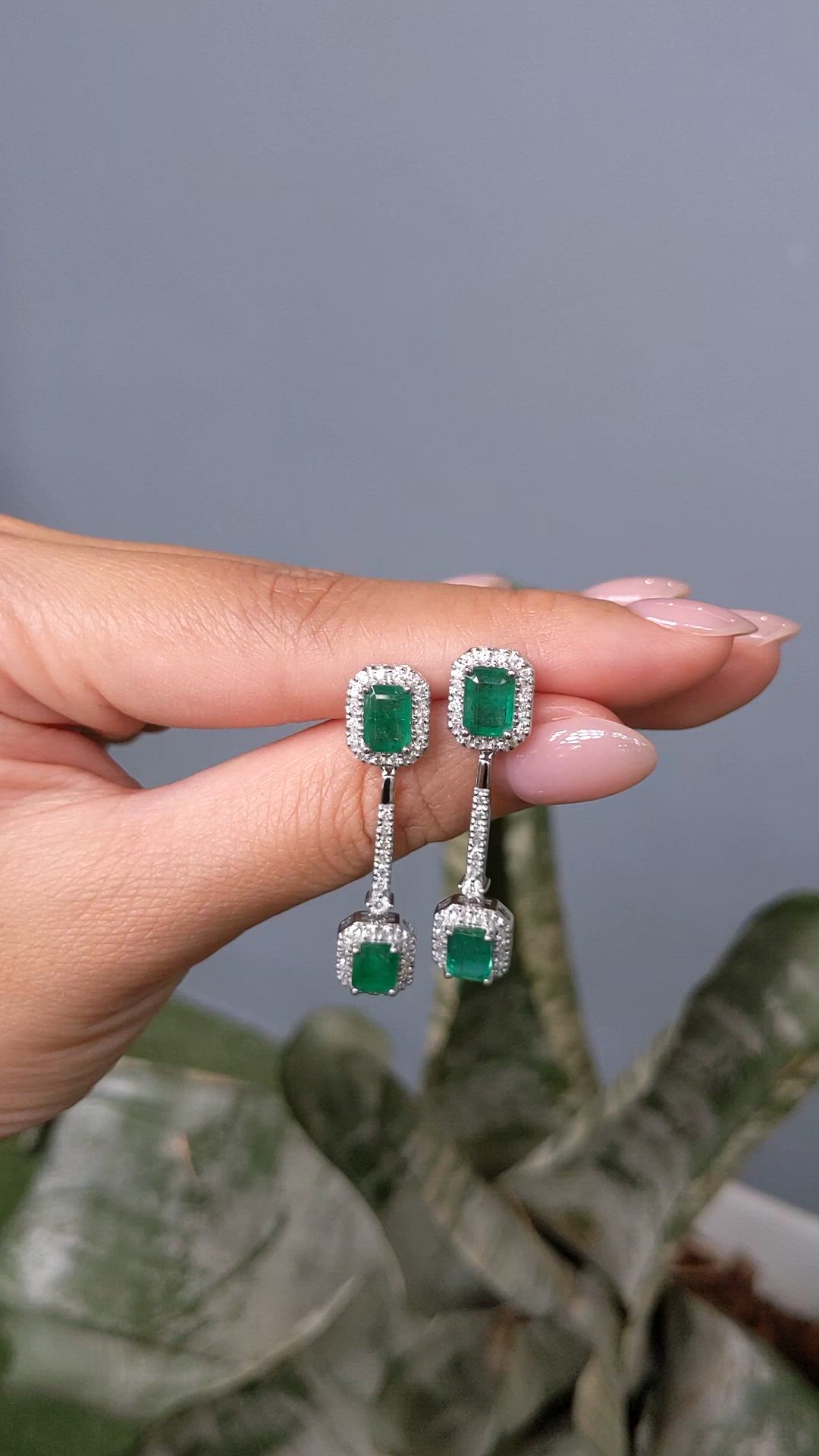 3.68&nbsp;Ct.Tw.Total Carat Weight Emerald and Natural Diamond Pave Earrings, 14K White Gold Size Video