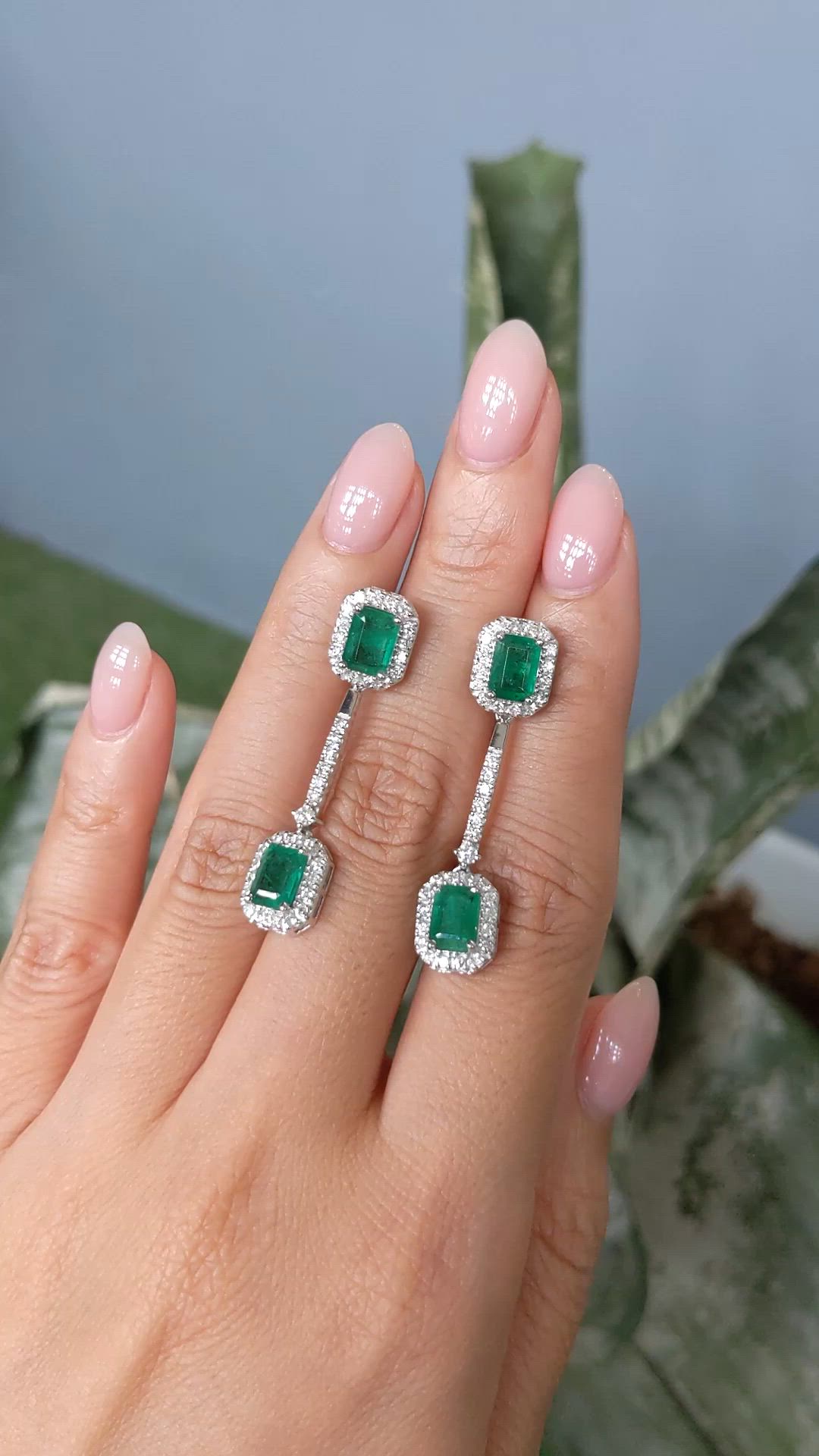 3.68&nbsp;Ct.Tw.Total Carat Weight Emerald and Natural Diamond Pave Earrings, 14K White Gold Size Video