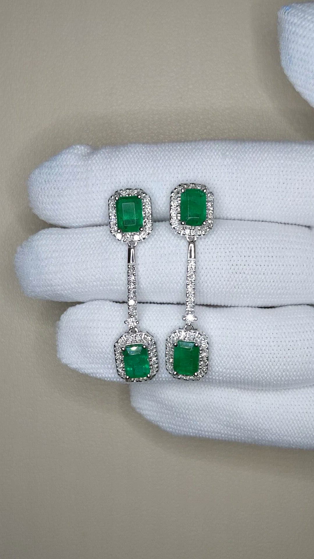 3.68&nbsp;Ct.Tw.Total Carat Weight Emerald and Natural Diamond Pave Earrings, 14K White Gold Size Video