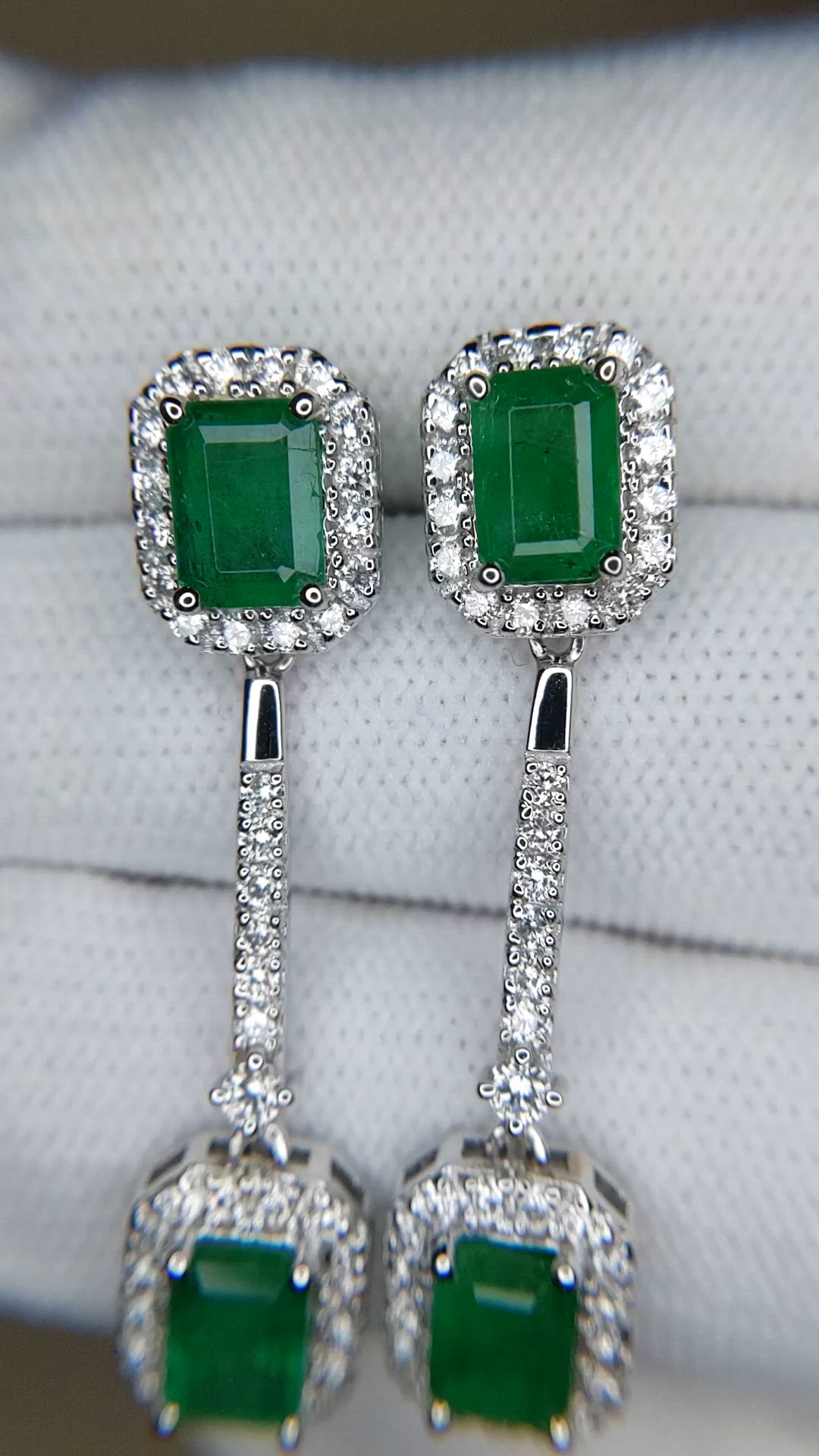 3.68&nbsp;Ct.Tw.Total Carat Weight Emerald and Natural Diamond Pave Earrings, 14K White Gold Size Video