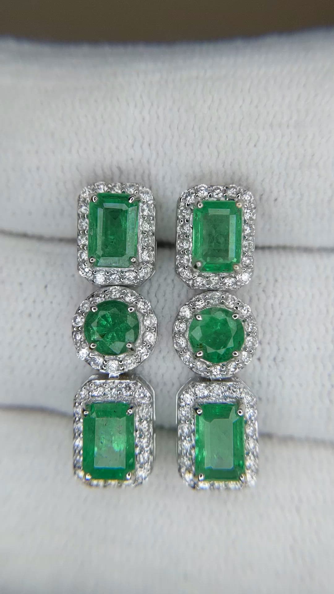 2.25&nbsp;Ct.Tw.Total Carat Weight Emerald and Natural Diamond Pave Earrings, 18K White Gold Size Video