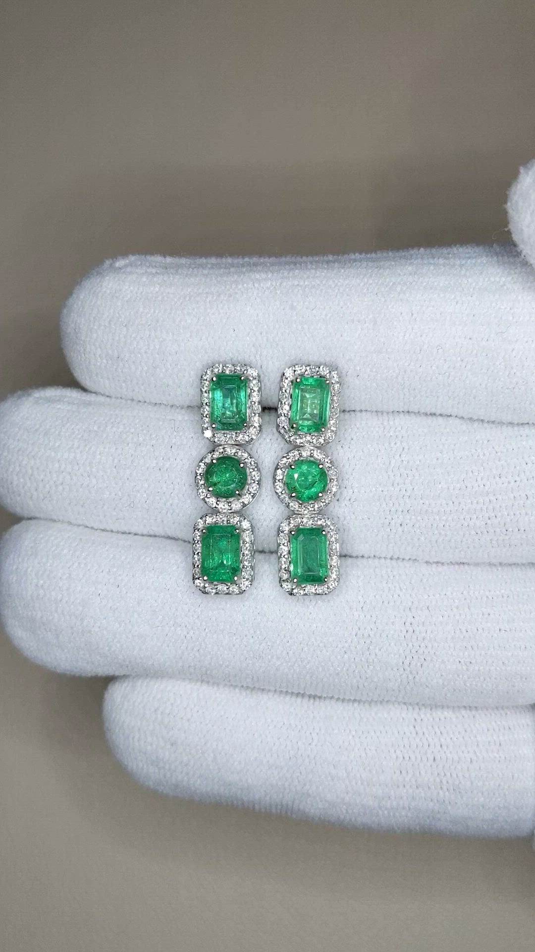 2.25&nbsp;Ct.Tw.Total Carat Weight Emerald and Natural Diamond Pave Earrings, 18K White Gold Size Video