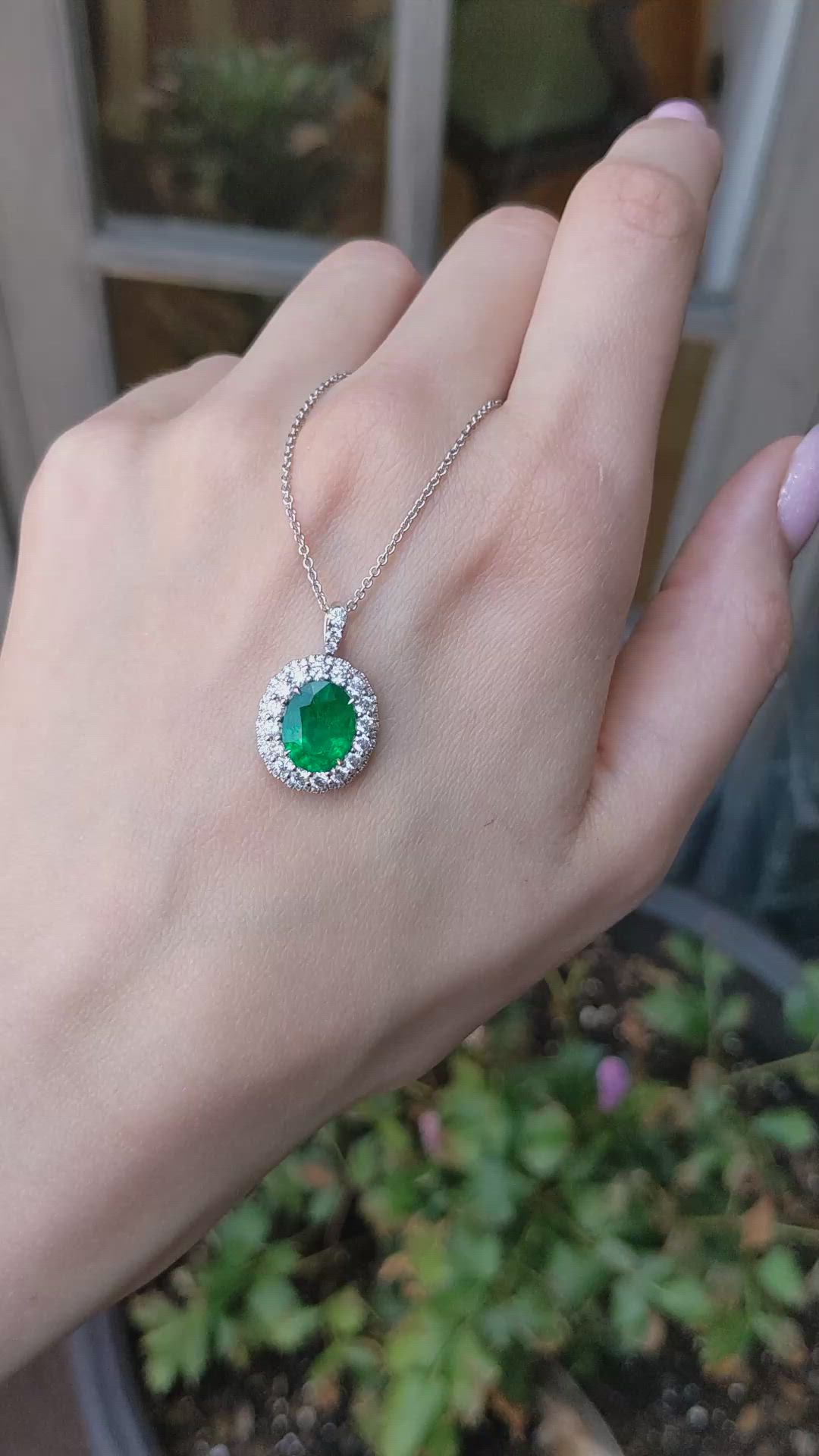 2.45 Ct. Emerald and Natural Diamond Pave Pendant, 18K White Gold Size Video