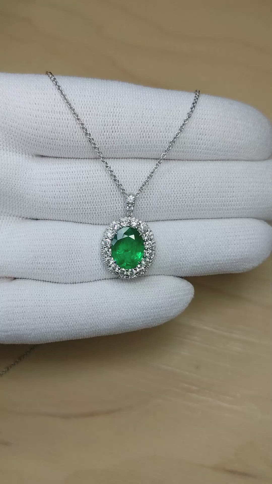 2.45 Ct. Emerald and Natural Diamond Pave Pendant, 18K White Gold Size Video