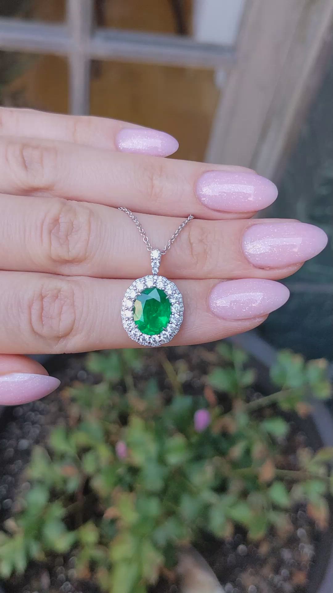 2.45 Ct. Emerald and Natural Diamond Pave Pendant, 18K White Gold Size Video