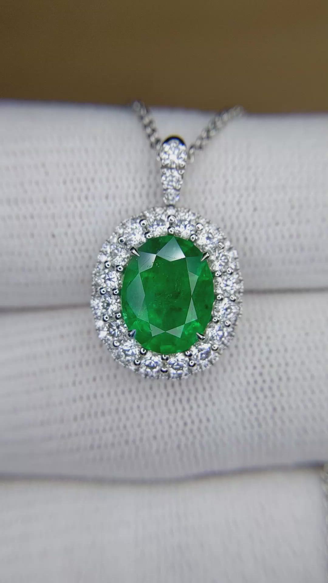 2.45 Ct. Emerald and Natural Diamond Pave Pendant, 18K White Gold Size Video