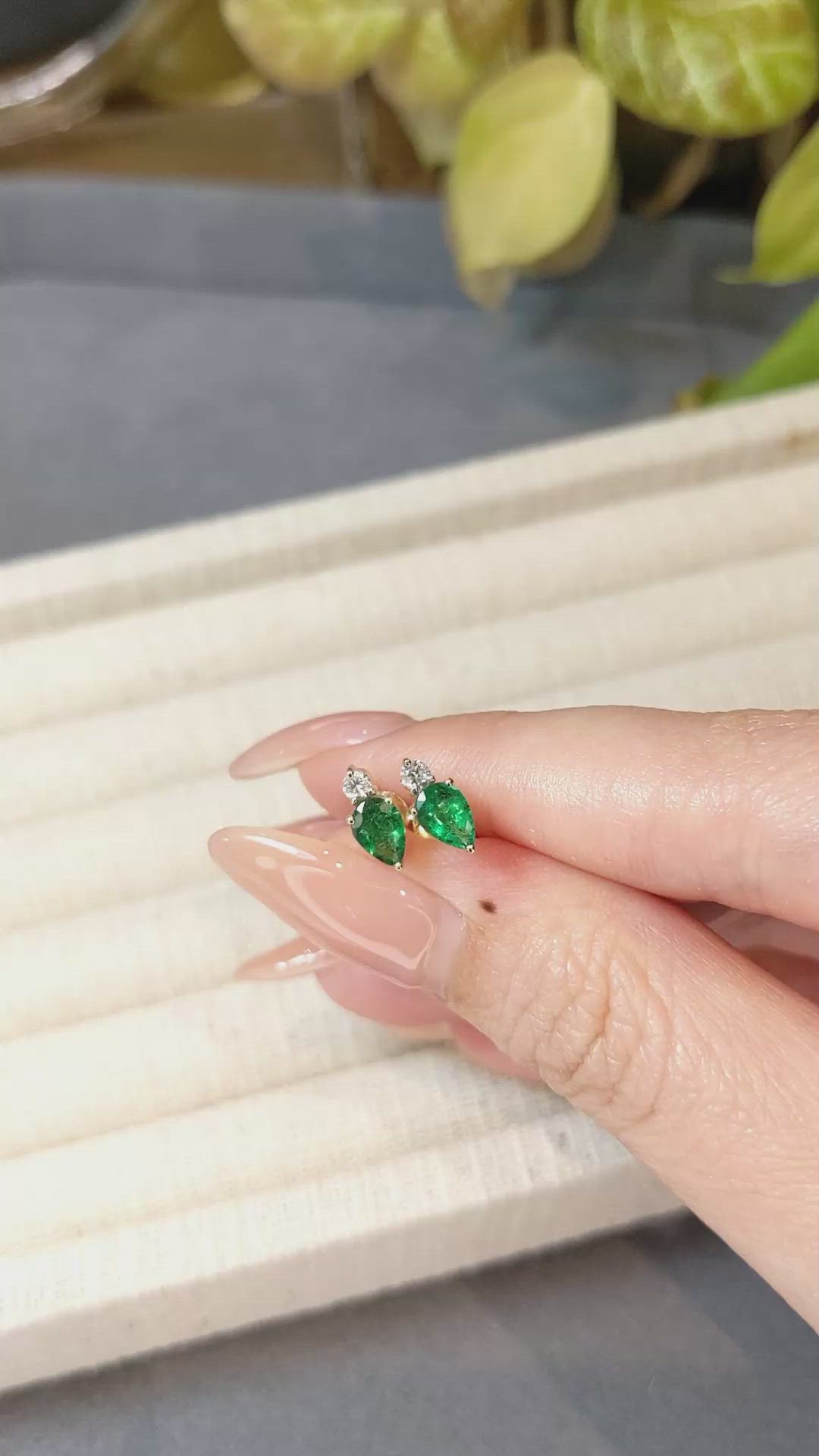 0.66 Ct.Tw.Total Carat Weight Emerald and Natural Diamond Studs Earrings, 14K Yellow Gold Size Video