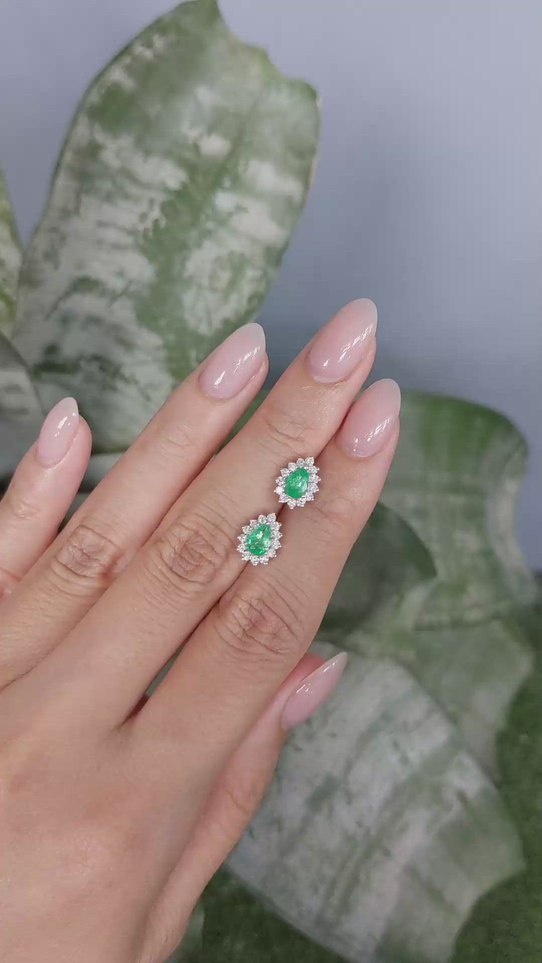 0.76 Ct.Tw.Total Carat Weight Emerald and Natural Diamond Studs Earrings, 14K White Gold Size Video