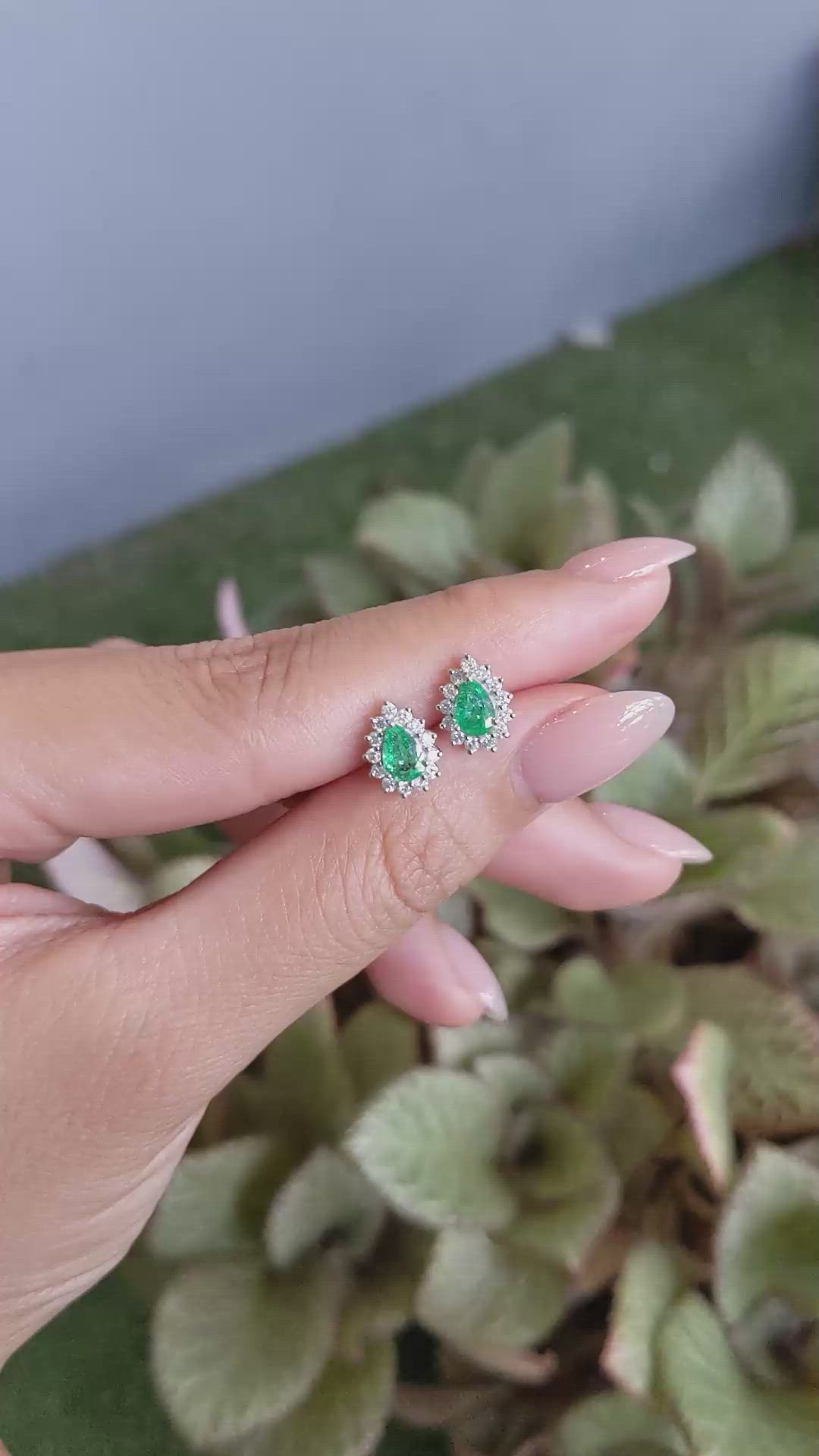 0.76 Ct.Tw.Total Carat Weight Emerald and Natural Diamond Studs Earrings, 14K White Gold Size Video