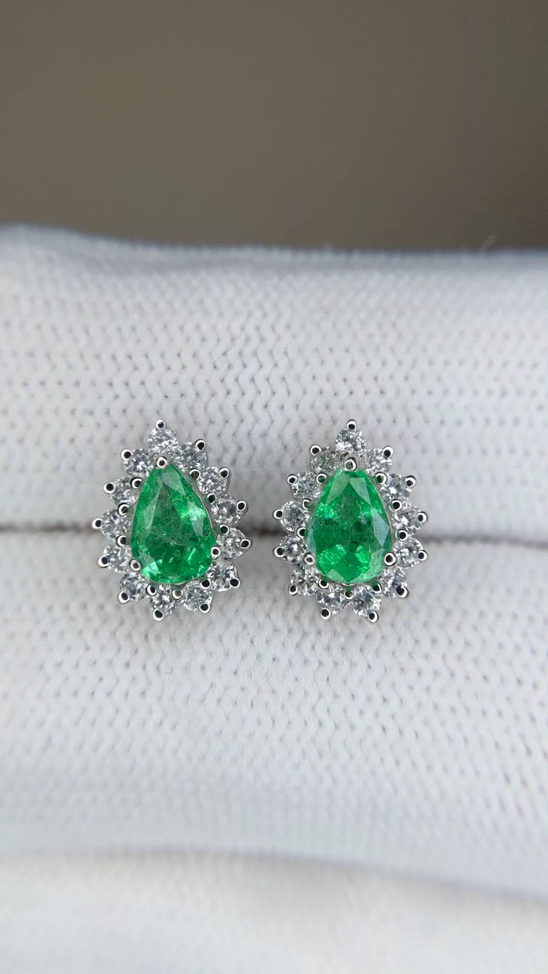 0.76 Ct.Tw.Total Carat Weight Emerald and Natural Diamond Studs Earrings, 14K White Gold Size Video